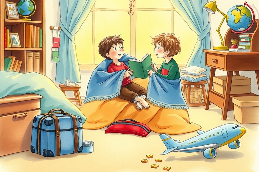 Illustration - zwei Kinder lesen unter einer Decke, daneben Koffer und Spielzeugflugzeug