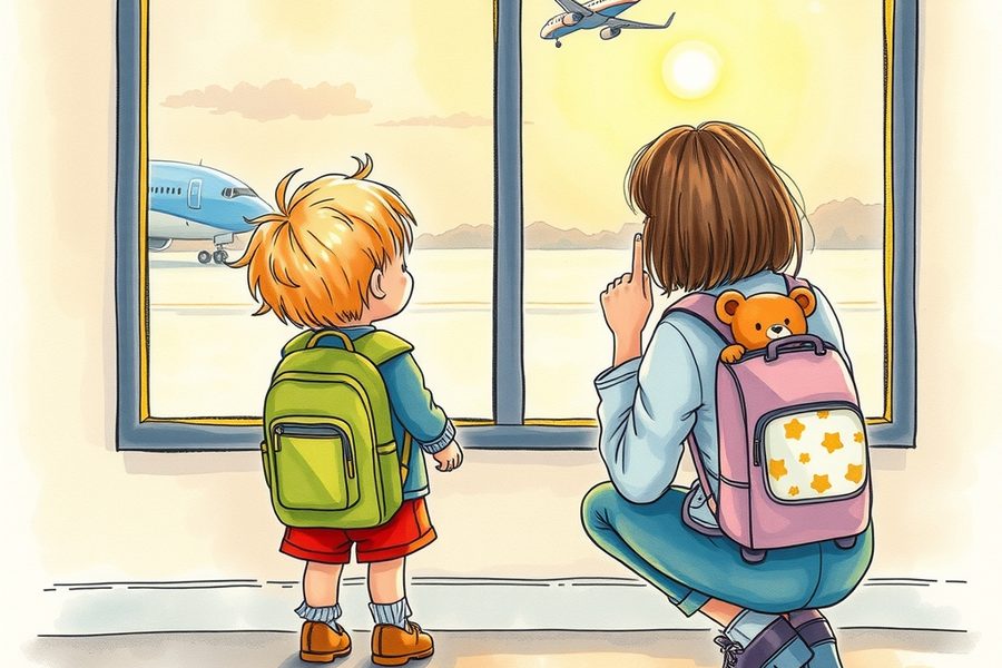 Illustration - ein Kind mit Rucksack schaut am Flughafenfenster einem Flugzeug nach, daneben kniet ein Elternteil