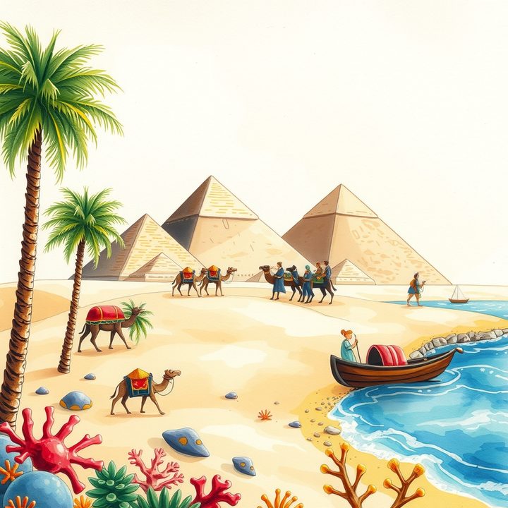 Handgezeichnete Illustration von Ägypten - Pyramiden, Kamele, Palmen und das Rote Meer