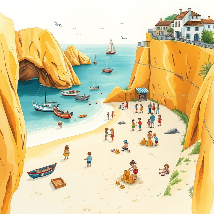 Handgezeichnete Illustration der Algarve - Strand zwischen goldenen Klippen mit spielenden Kindern und Booten