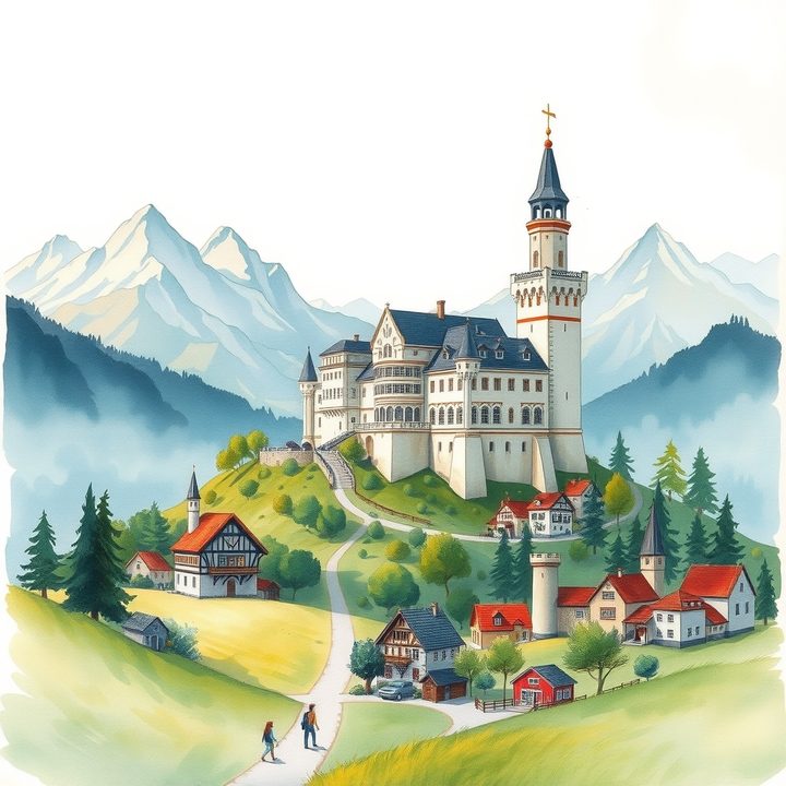 Handgezeichnete Illustration von Bayern - Schloss auf einem Hügel vor Alpen und Dorf