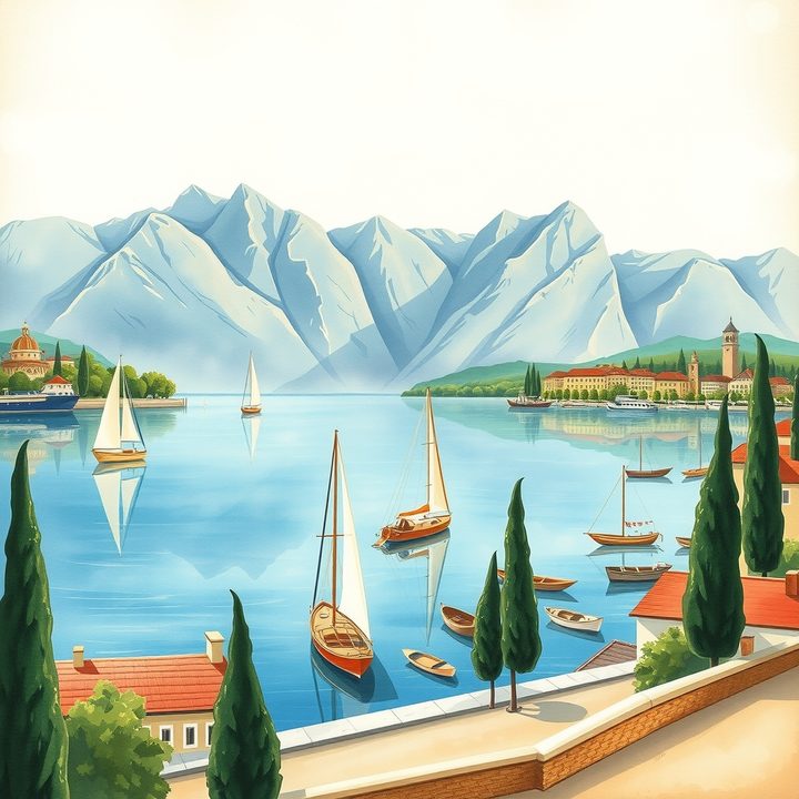 Handgezeichnete Illustration vom Gardasee - Segelboote auf dem See vor Bergen und Uferdorf