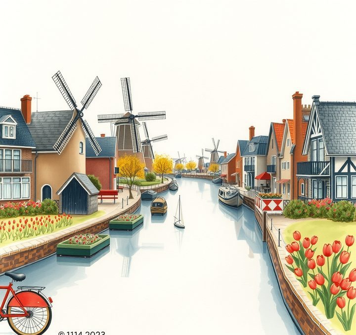 Handgezeichnete Illustration von Holland - Windmühlen, Gracht, Tulpenfelder und Fahrrad