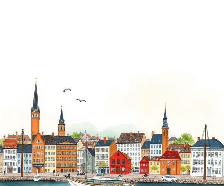 Handgezeichnetes Reiseposter von Kopenhagen: bunte Giebelhäuser und Kirchtürme am Hafen
