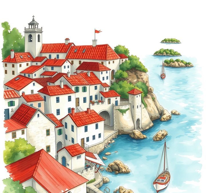 Handgezeichnete Illustration der kroatischen Küste - Steinstadt mit roten Dächern, Inseln und türkisblauem Meer