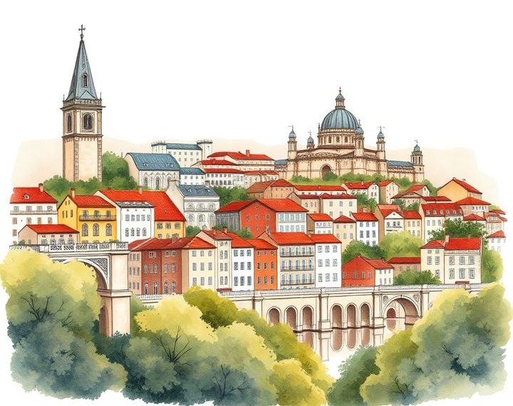 Handgezeichnetes Reiseposter von Lissabon: Häuser mit roten Dächern, Brücke und Kirchtürme über dem Tejo