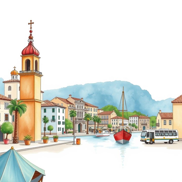 Handgezeichnete Illustration von Mallorca - Hafenstadt mit Kirchturm, Palmen und Booten