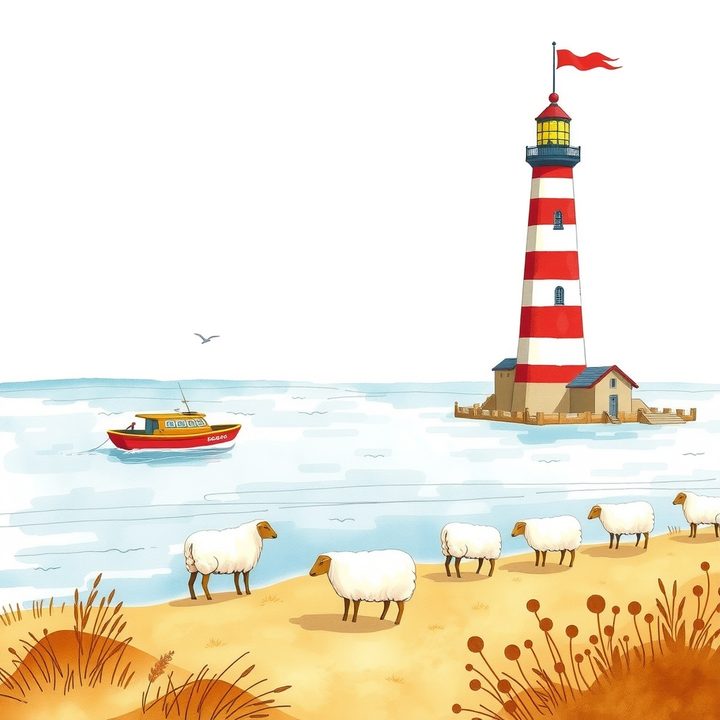 Handgezeichnete Illustration der Nordsee - rot-weißer Leuchtturm, Fischerboot und Schafe in den Dünen