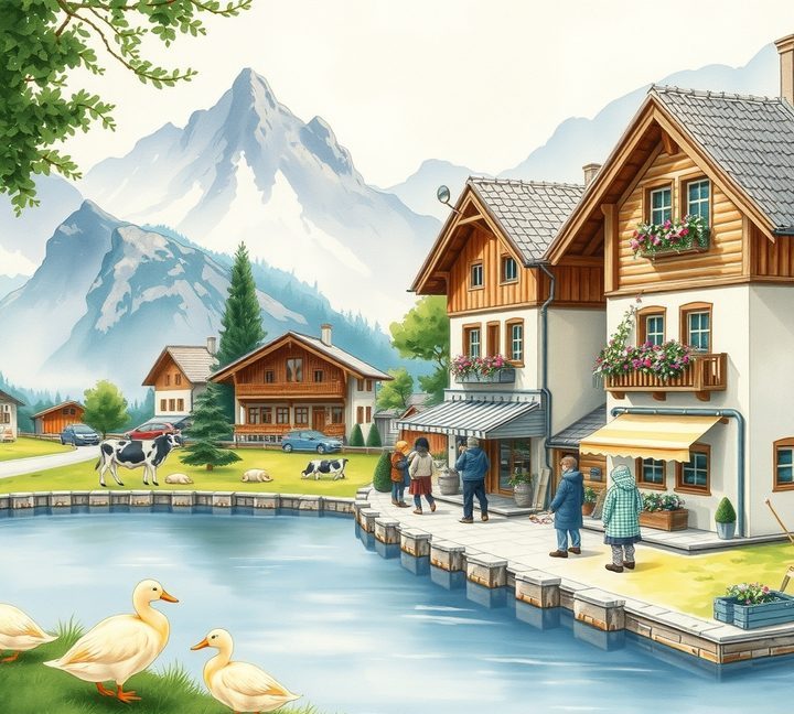 Handgezeichnete Illustration von Österreich - Dorf am Bergsee mit Holzhäusern und Alpen