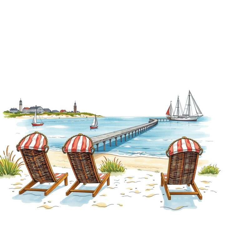 Handgezeichnete Illustration der Ostsee - Strandkörbe am Strand mit Seebrücke und Segelbooten