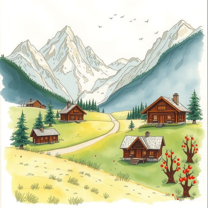 Handgezeichnete Illustration von Südtirol - Almhütten und Wiesen vor den Dolomiten
