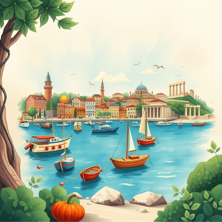 Handgezeichnete Illustration der türkischen Küste - Hafenstadt mit Booten, Türmen und antiken Ruinen